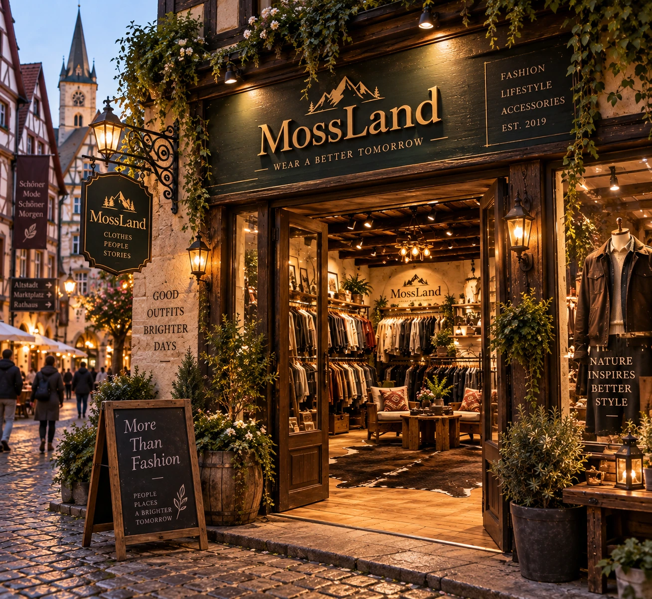 Illustration of the MossLand shopfront in Göreme, Cappadocia, with fairy chimneys in the background